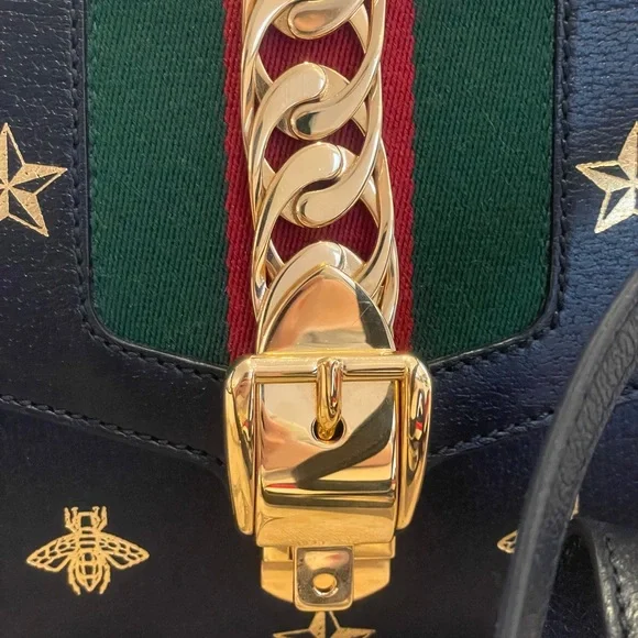 Gucci Sylvie Bee Star Medium Black Leather Extra Ribbon Strap Mint condition - Picture 4 of 14